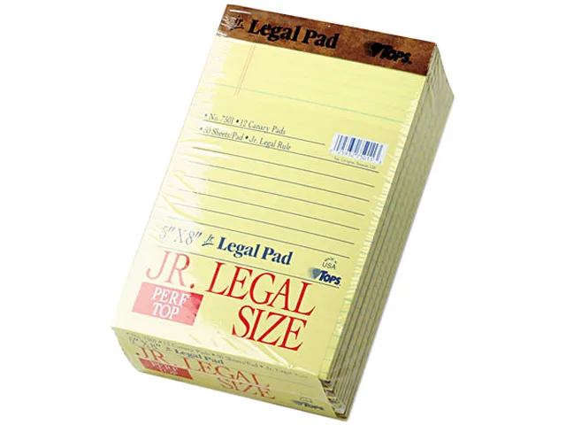 Twelve canary junior legal pads, perforated, fifty sheets each
