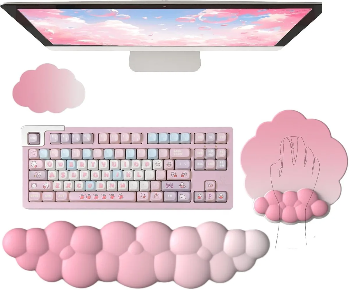 Pink cloud-shaped keyboard wrist rest and matching mouse pad with gradient fabric finish