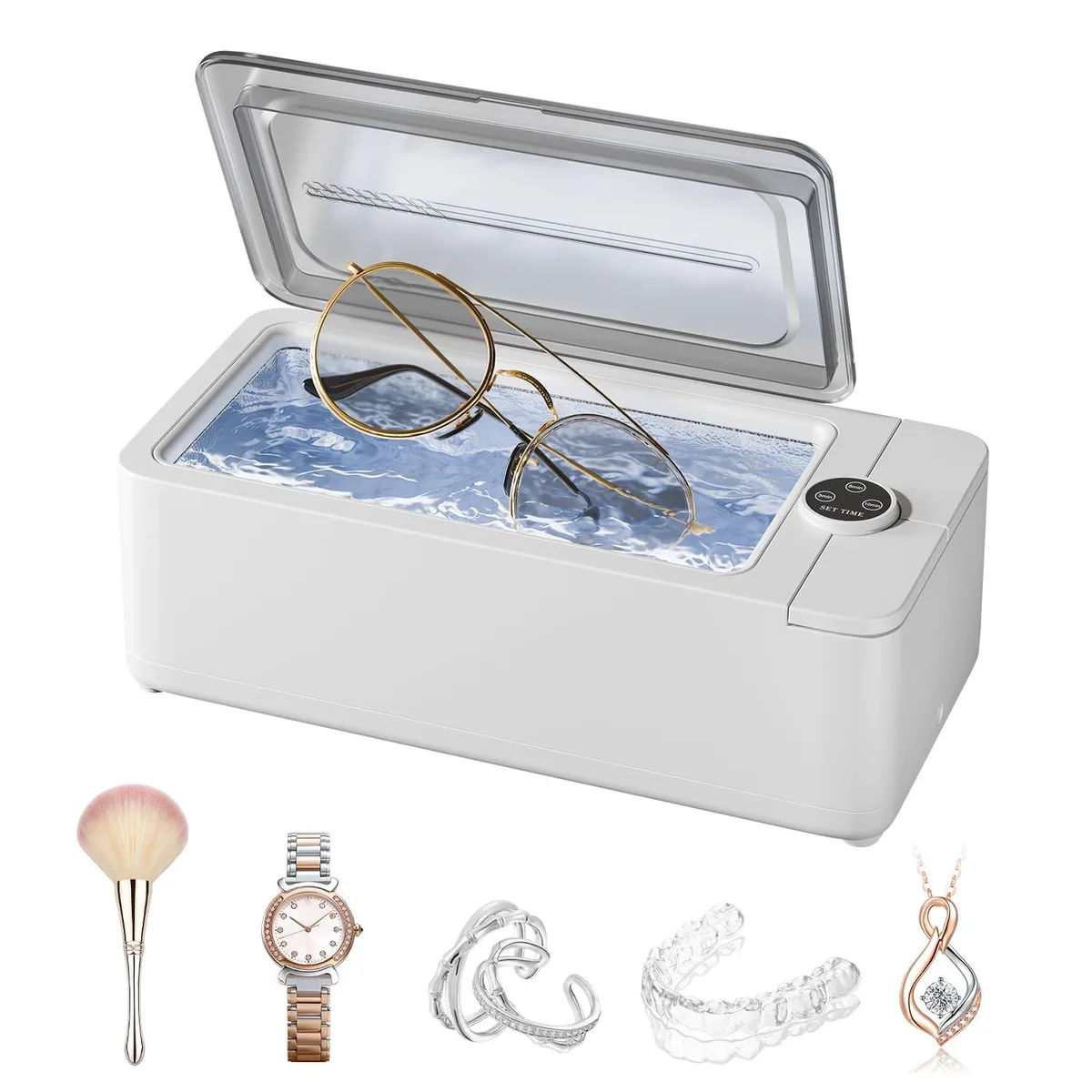 White rectangular ultrasonic cleaner with stainless steel tank and digital timer controls