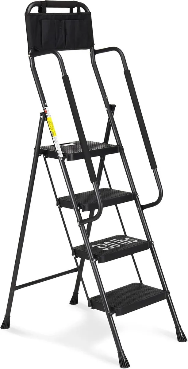 Black four-step steel ladder with sponge handrails, rubber feet, and attachable tool bag