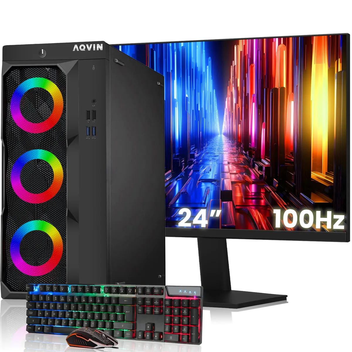 AQVIN AQVIN LuminaRings Gaming PC i7-6700 32GB DDR4 512GB SSD Radeon RX 550 24" 100Hz Monitor Windows 10 Pro — product photo