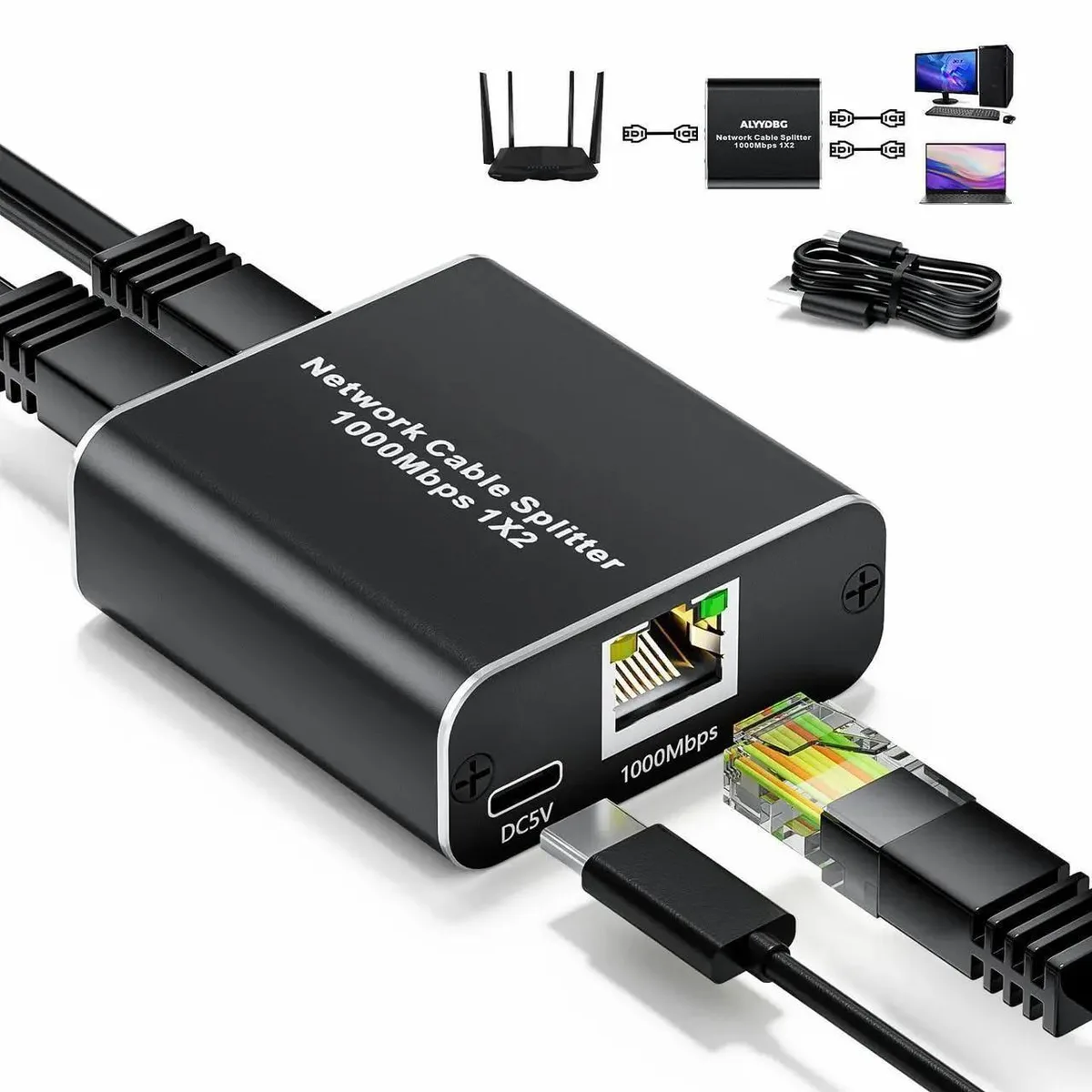 Vszerda Vszerda RJ451X2 Splitter 1000Mbps Ethernet Splitter 1 to 2 with USB Power Cable — product photo