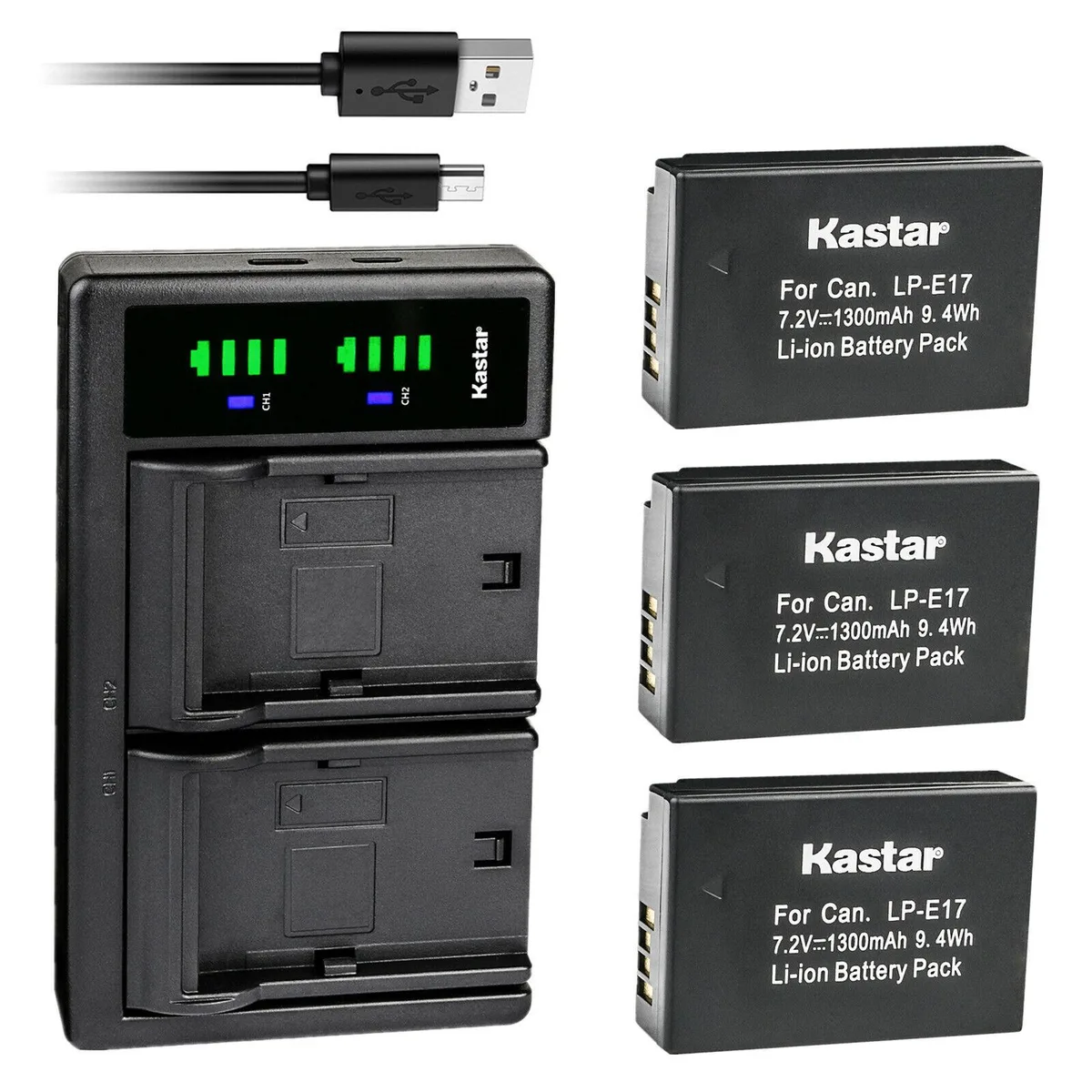Kastar Kastar LP-E17 3-Pack Battery &amp; LTD2 USB Charger for Canon KISS X8i X9i Rebel SL2 SL3 T6i — product photo