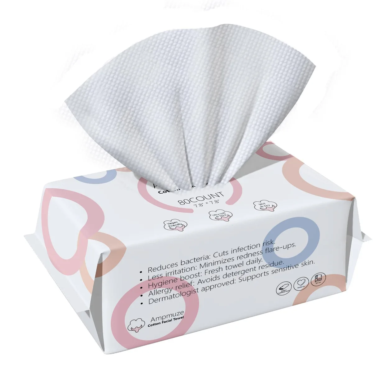 White rectangular pack containing 80 small square biodegradable face towels
