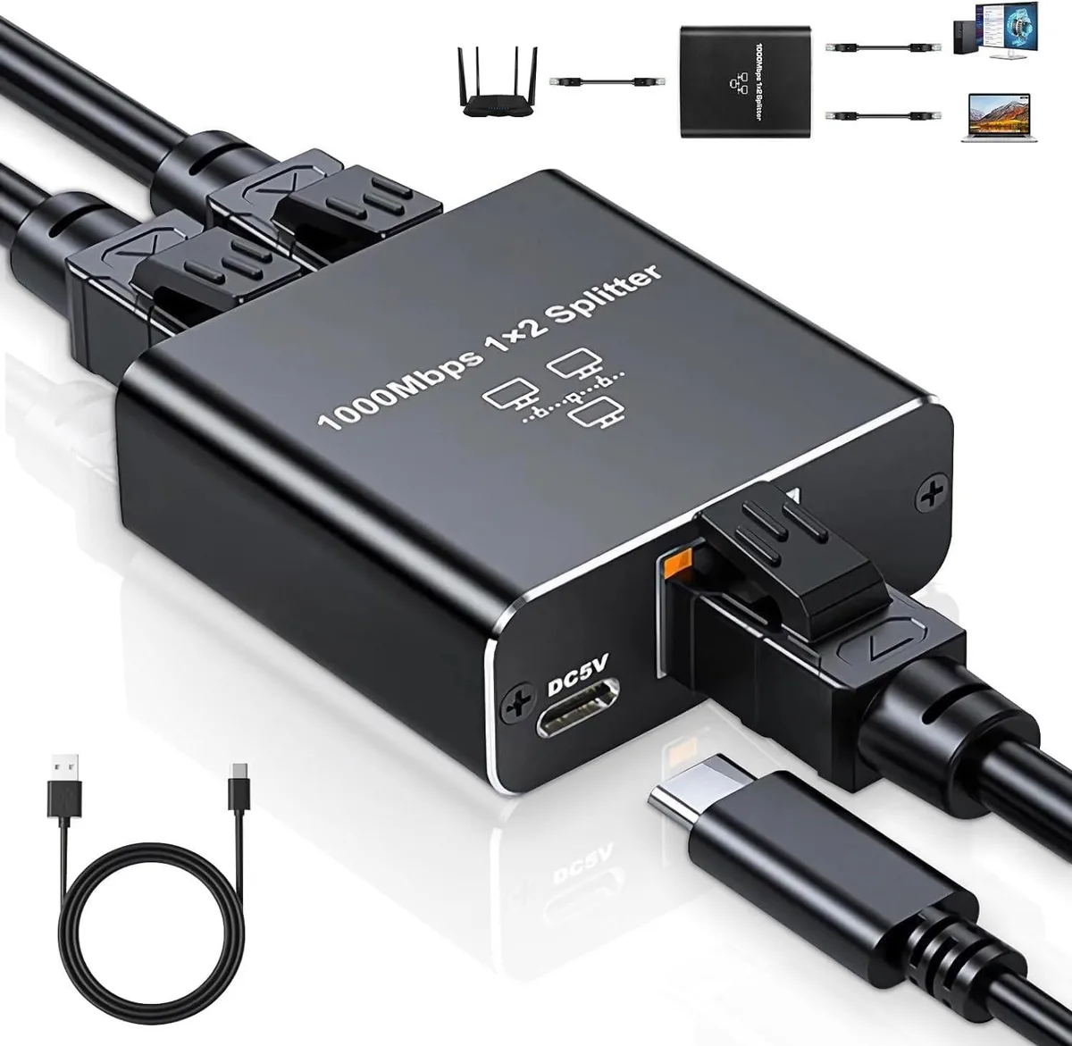 C&amp;N C&amp;N Ethernet Splitter 1to2 USB-C Powered 1000Mbps — product photo
