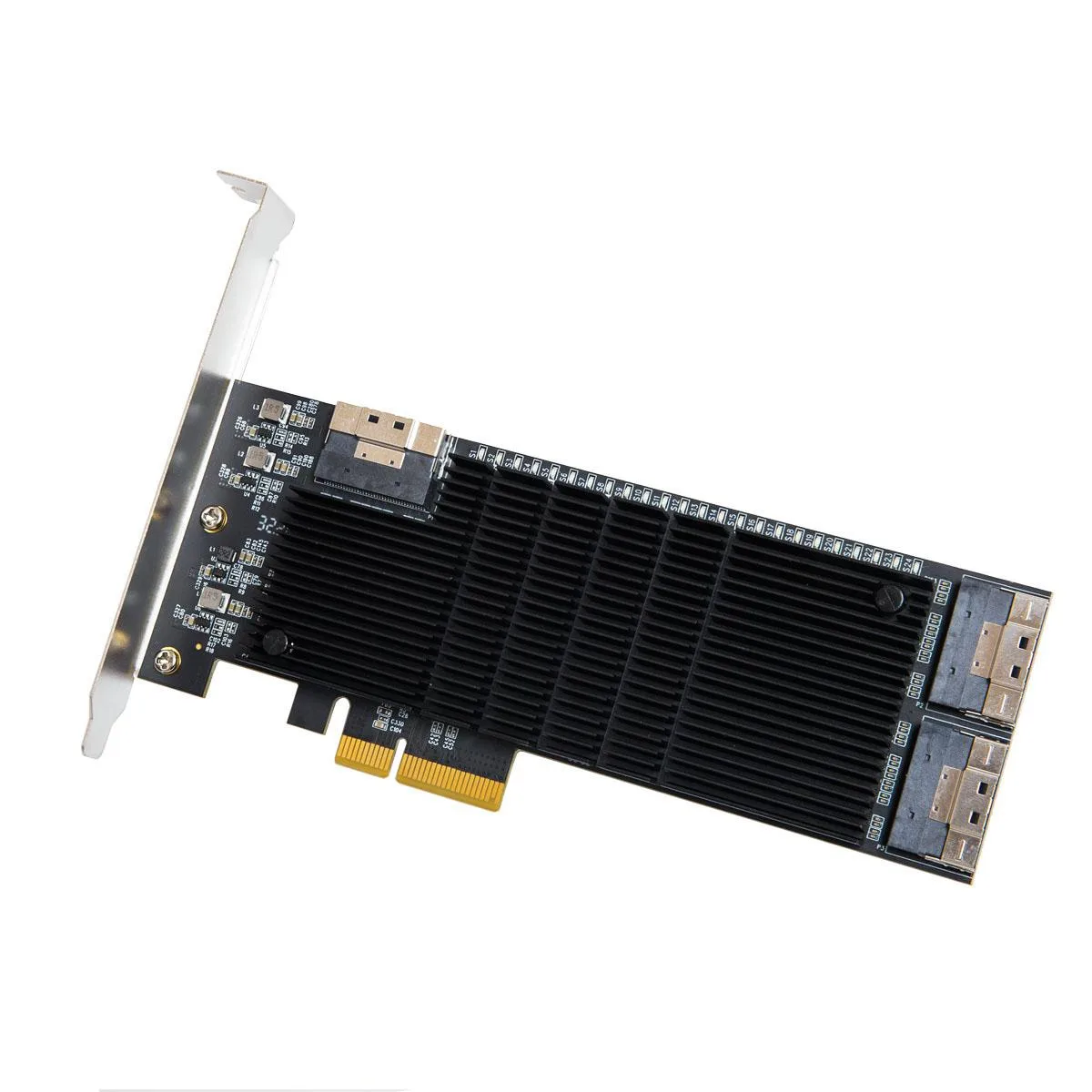 Green low-profile PCIe card with twenty-four SATA ports