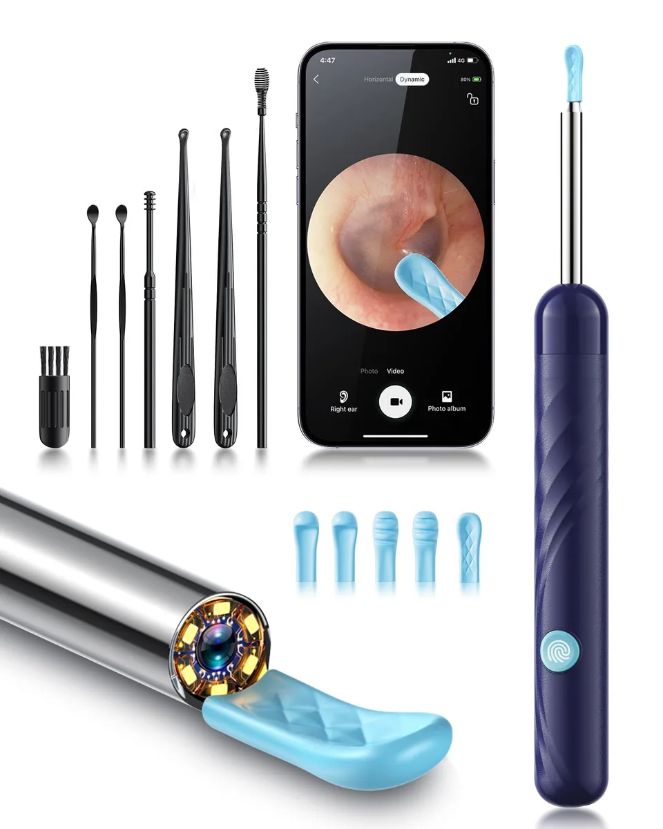 Deep blue ear-care camera with integrated scoop and LED light