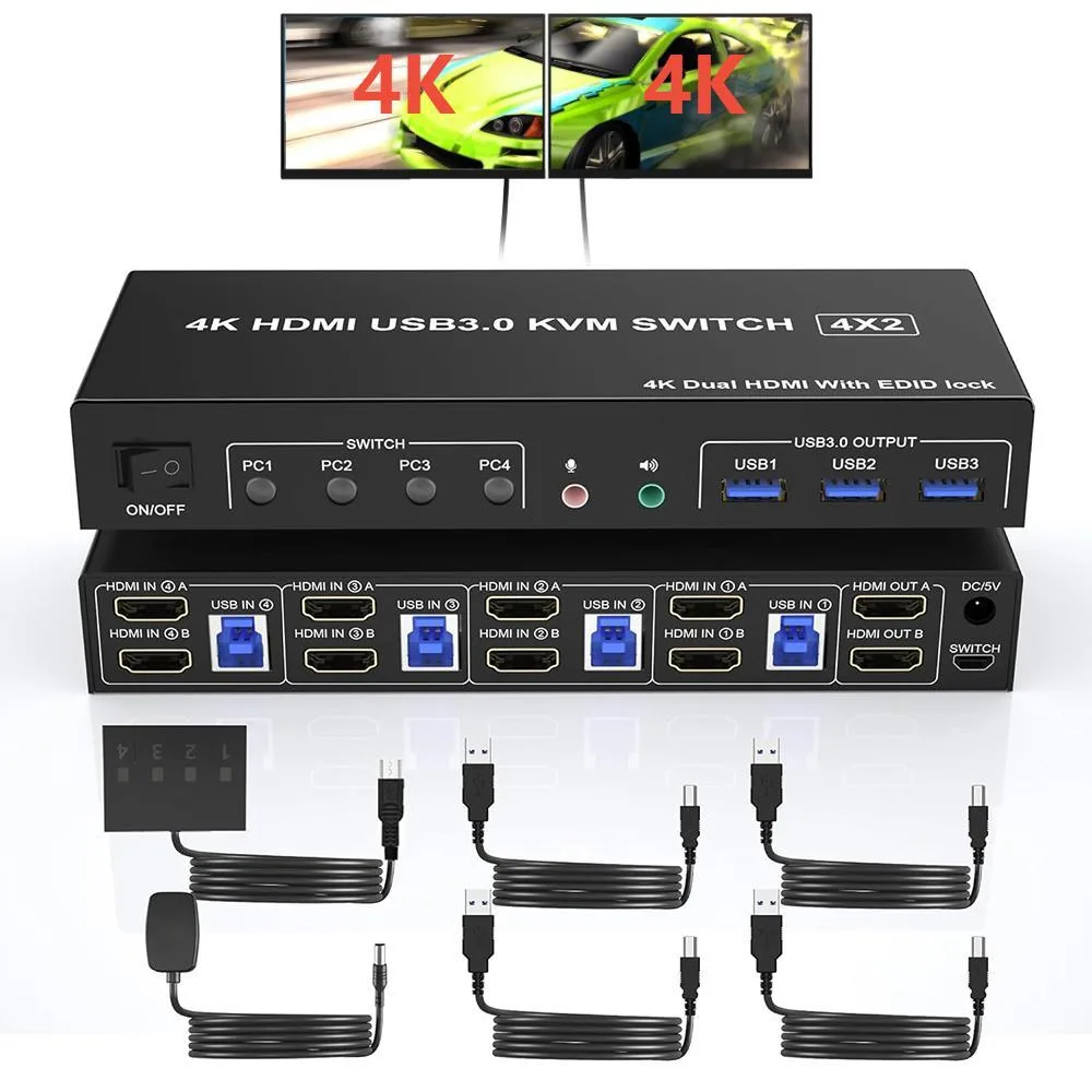 WRIARICH WRIARICH USB 3.0 HDMI KVM Switch 4 PCs 2 Monitors 4K@60Hz — product photo