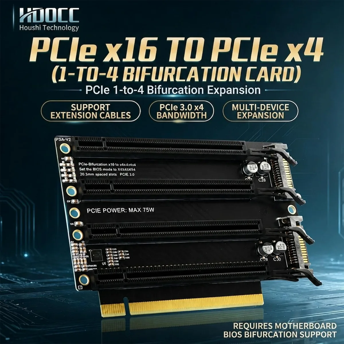 HOOCCC HOOCCC PCIe 3.0 x16 to 4 x4 Bifurcation Expansion Card 20mm SATA Power — product photo