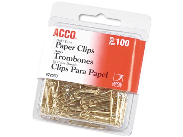 Gold-tone steel paper clips, small No. 2 size, box of 100