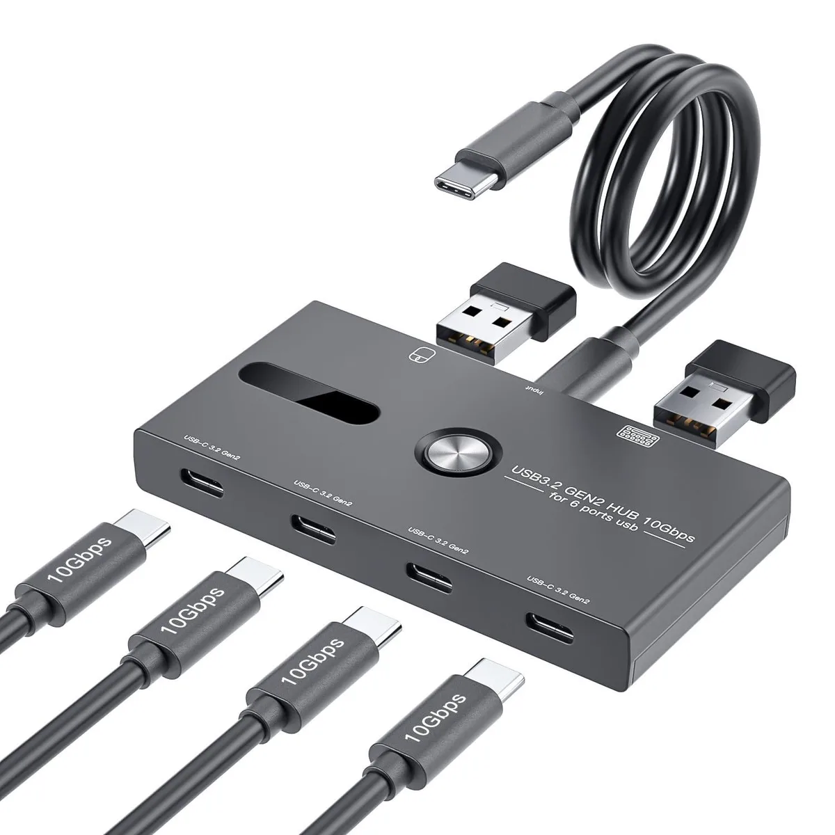Black plastic USB-C hub, 3.9 by 2 by 0.55 inches, four Type-C and two Type-A ports, detachable cable