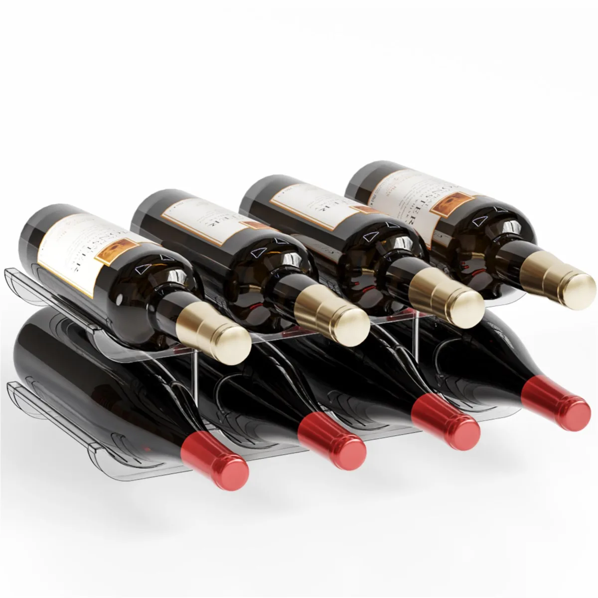 Clear acrylic wave-shaped wine rack with stainless steel pillars, two tiers, holds eight bottles, 7.3 by 17.9 by 5.6 inches