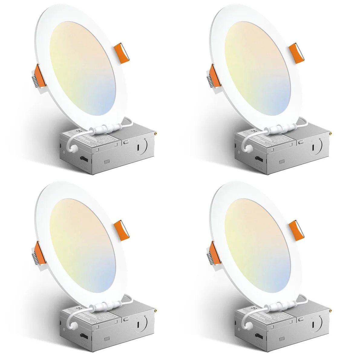 Four white ultra-thin 6-inch LED recessed lights with junction boxes