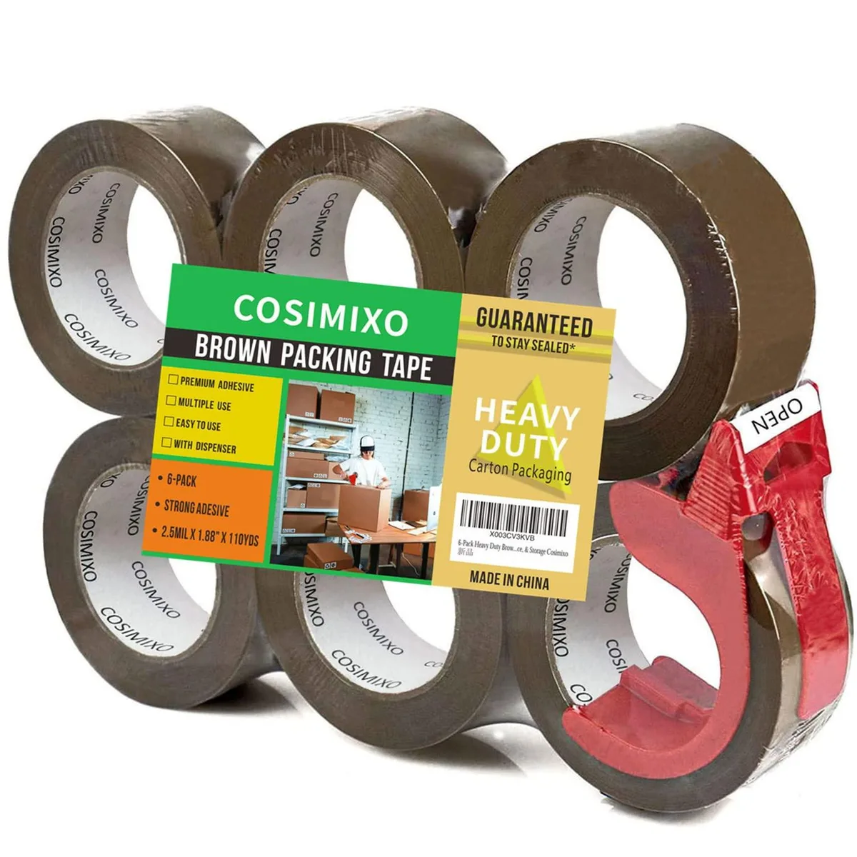  COSIMIXO BOPP Brown Packing Tape 2.5mil 1.88" x 110yds 6-Pack with Dispenser — product photo