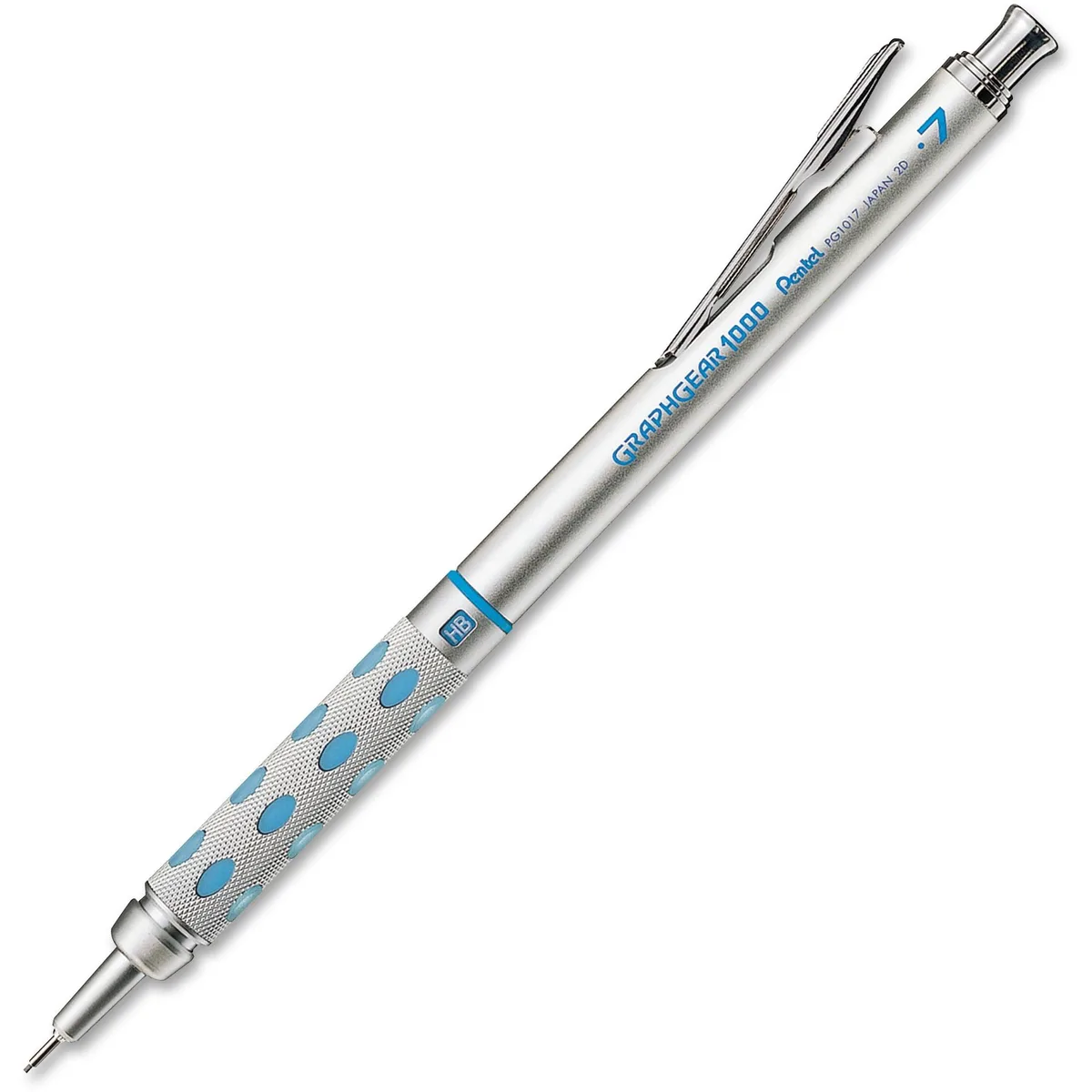 Blue drafting pencil with metallic grip and extended sleeve