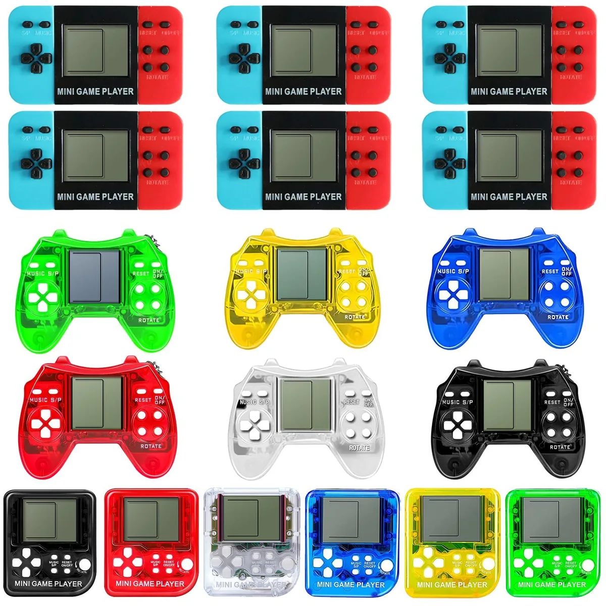 Eighteen small multicolour plastic video-game keychains on a surface