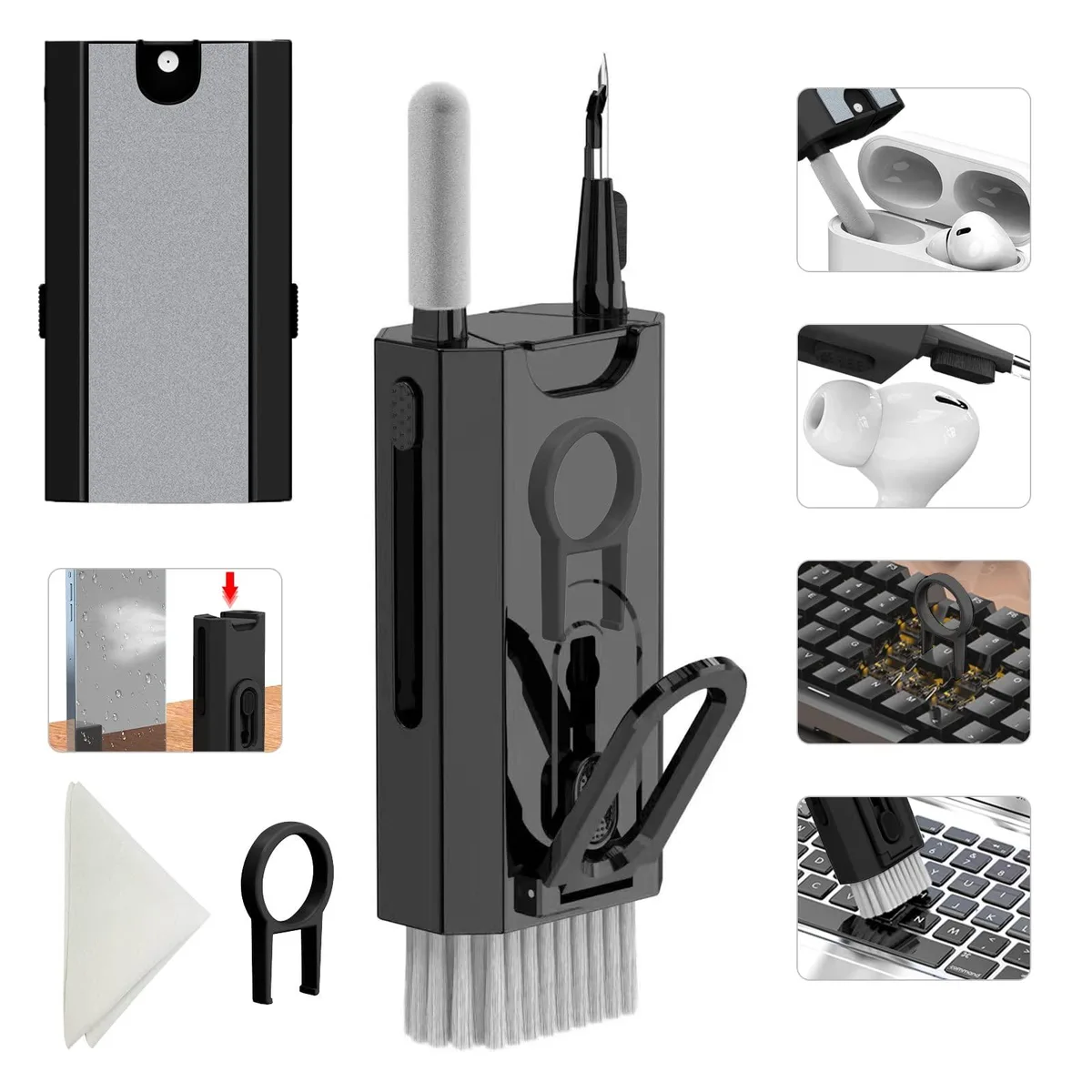 Black cylindrical kit with brush, sponge, pen, keycap puller, phone holder, cloths and spray bottle