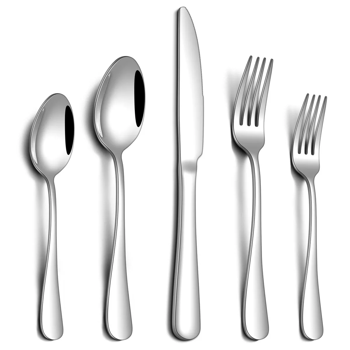 A 20-piece stainless steel cutlery set with mirror-polished silver finish, arranged in a box