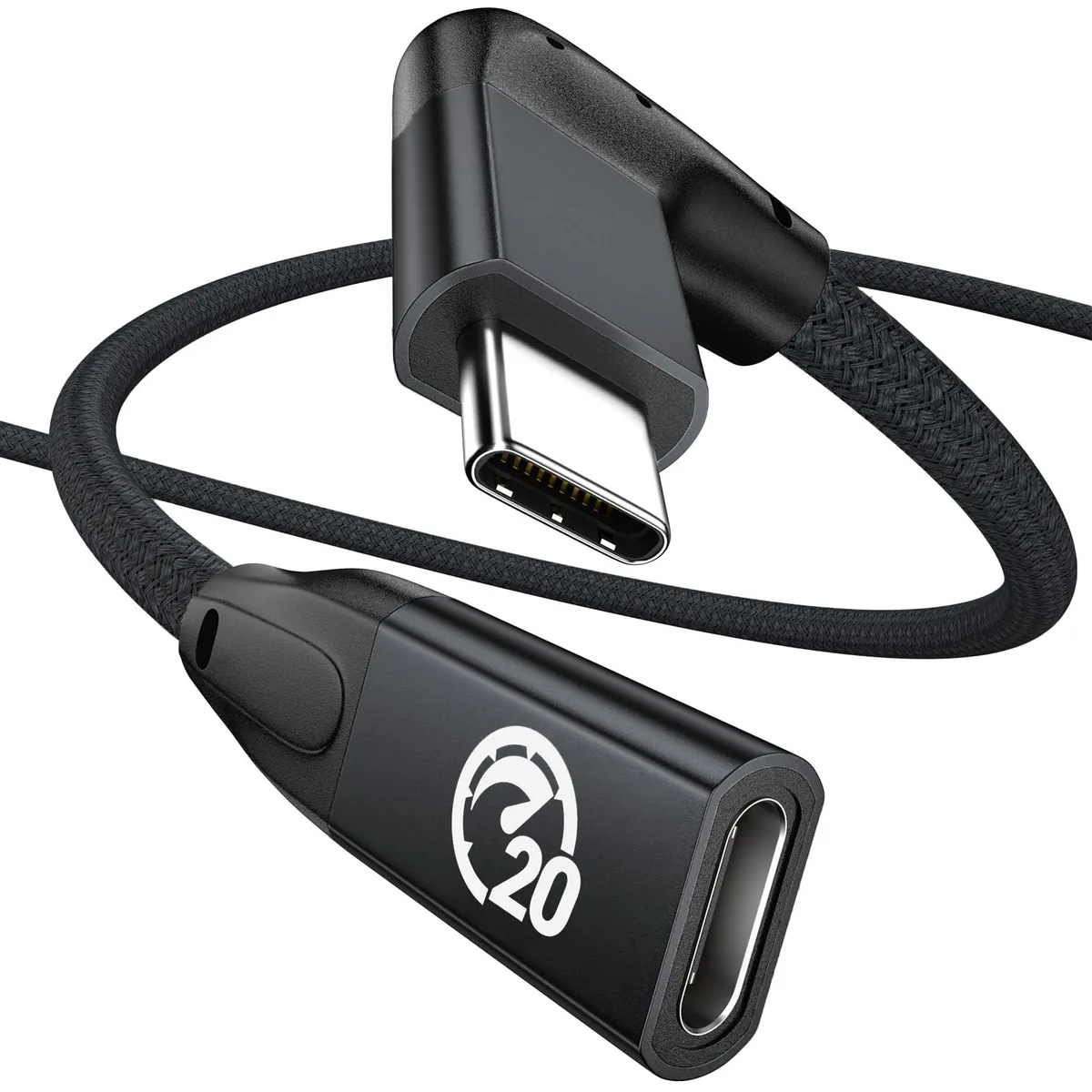 Black right-angled USB-C extension cable with aluminium connectors and braided sleeve, 1.6 ft