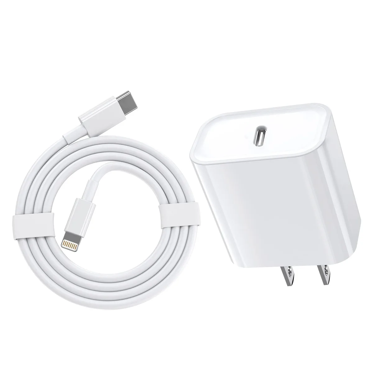 White compact USB-C wall charger with 3.3ft white Lightning cable