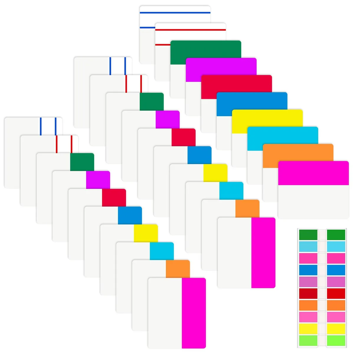 Colorful PET index tabs in assorted sizes on dispenser sheets