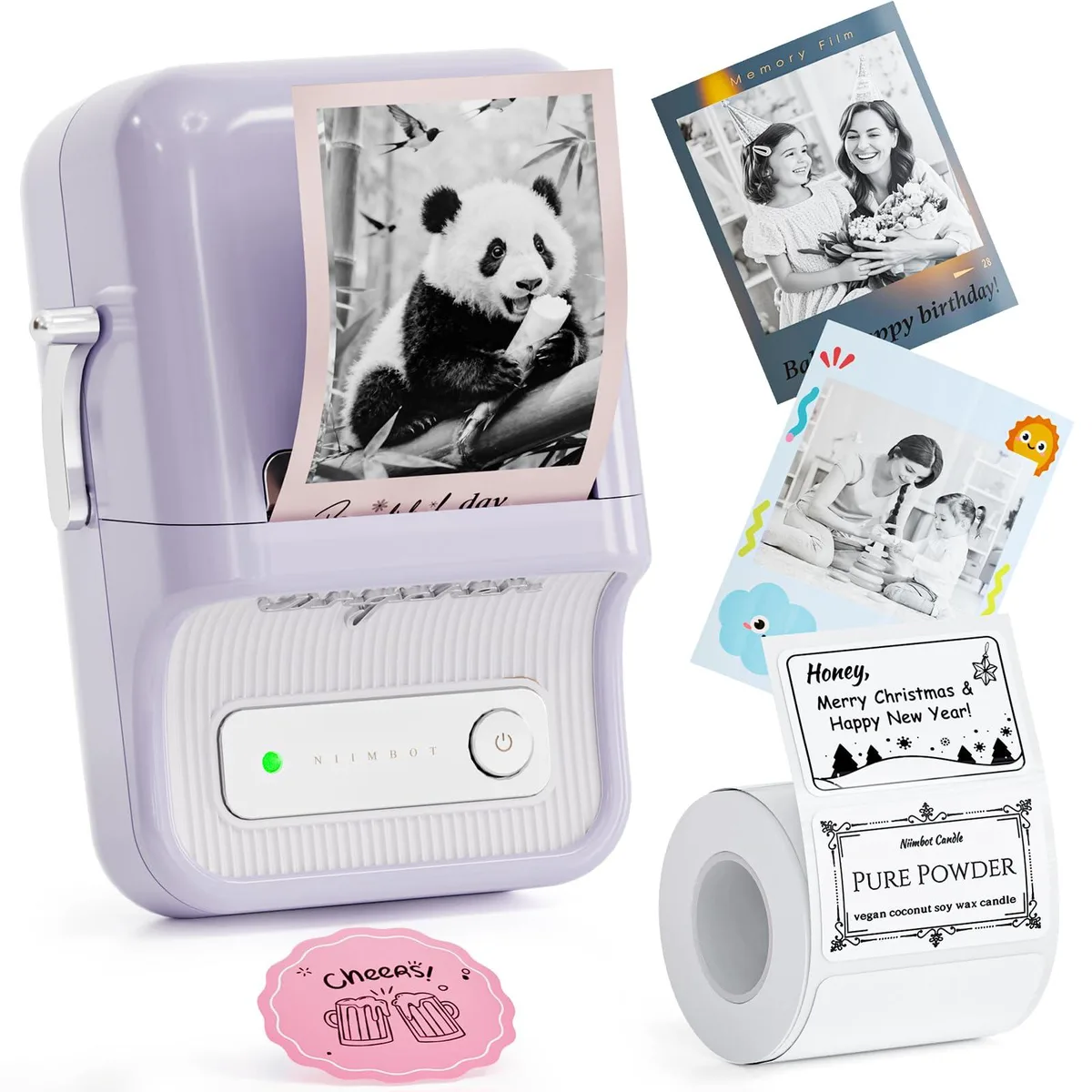 Purple handheld label printer with Bluetooth, 13.2 cm x 6.2 cm x 9.1 cm