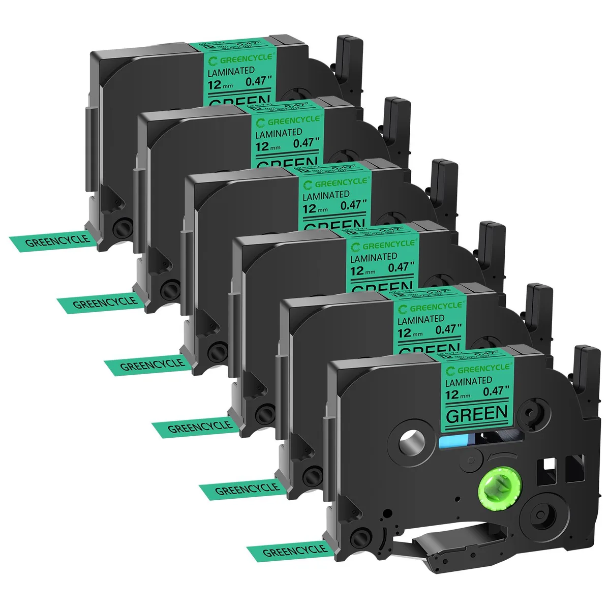 GREENCYCLE GREENCYCLE TZe-731 12mm Black on Green Laminated Tape 6 Pack — product photo