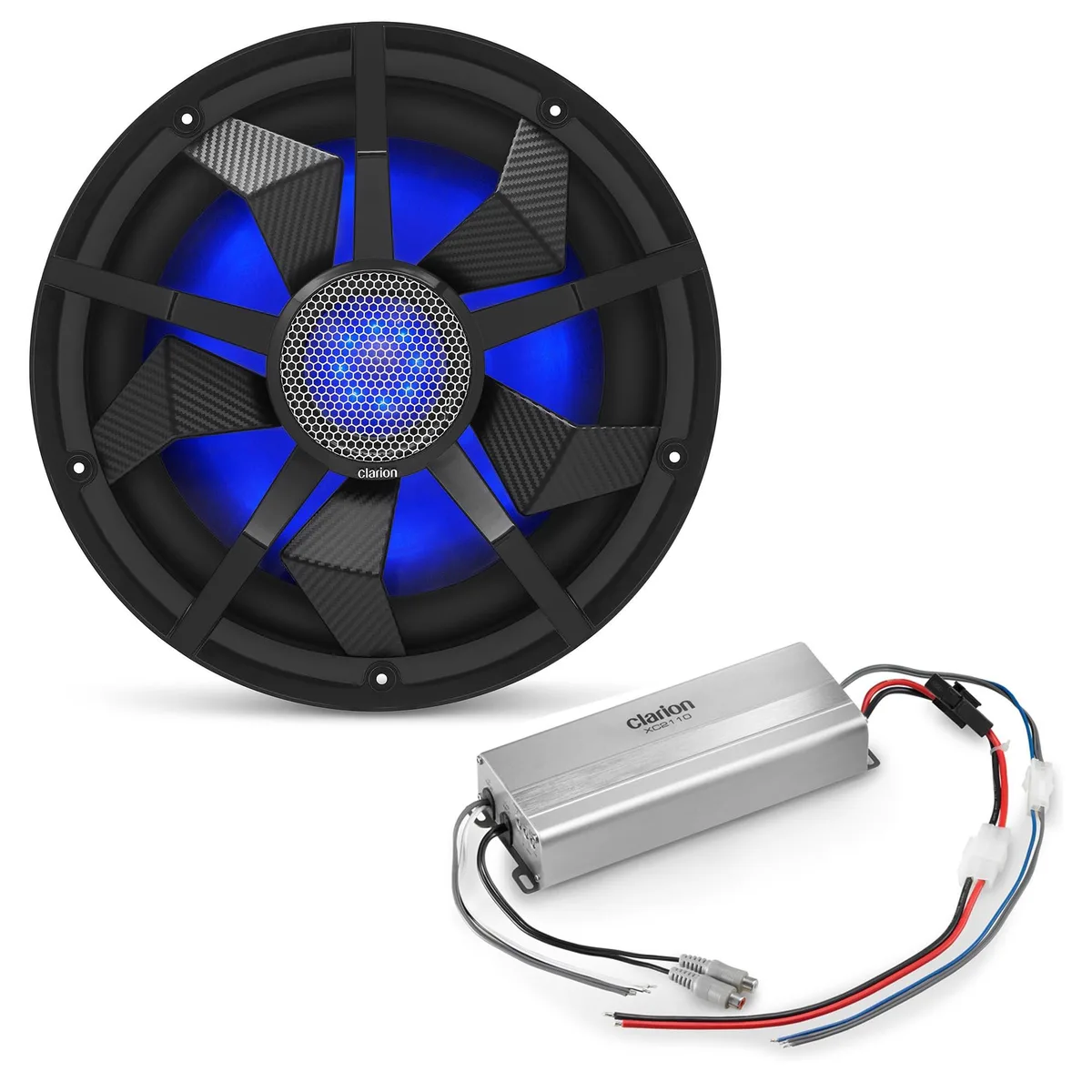 Clarion Clarion CM3013WL 12" RGB Marine Subwoofer XC2110 Amp Bundle Black Silver Grilles — product photo