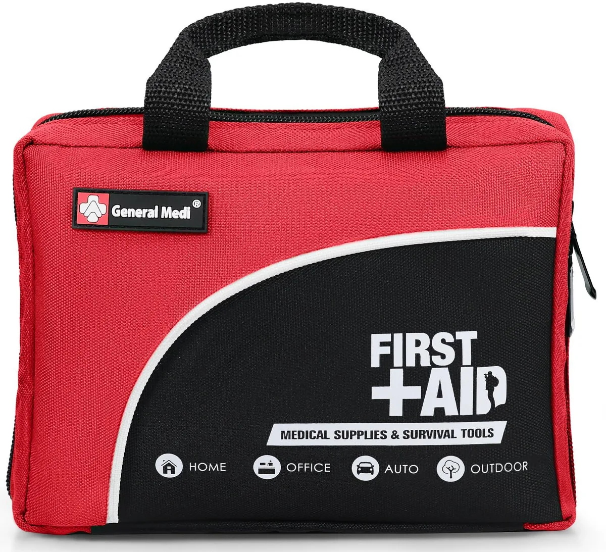 Red rectangular first aid kit, compact lightweight fabric case with multiple compartments, 160 pieces inside
