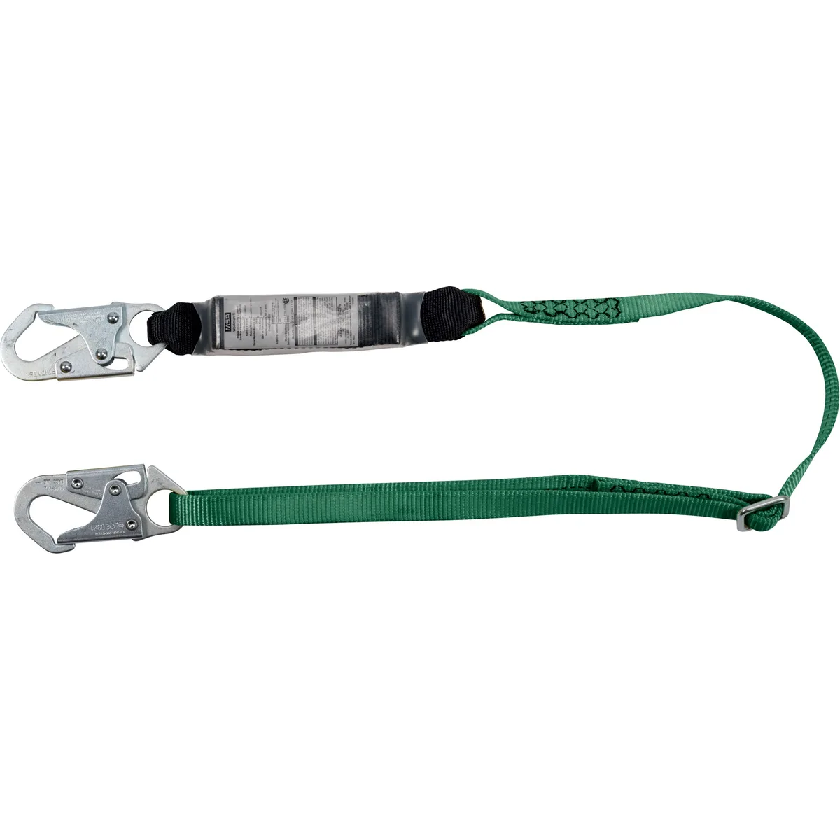 Green polyester shock-absorbing lanyard with steel snap hooks at both ends