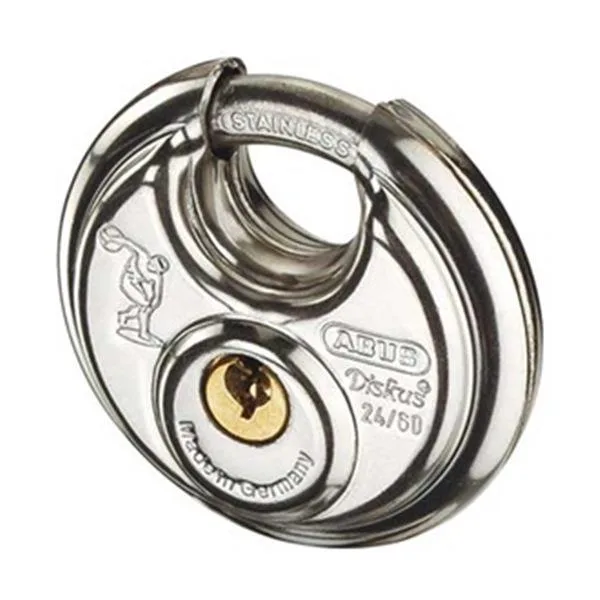 Stainless steel disc padlock with partially hidden shackle, plastic-coated silver body