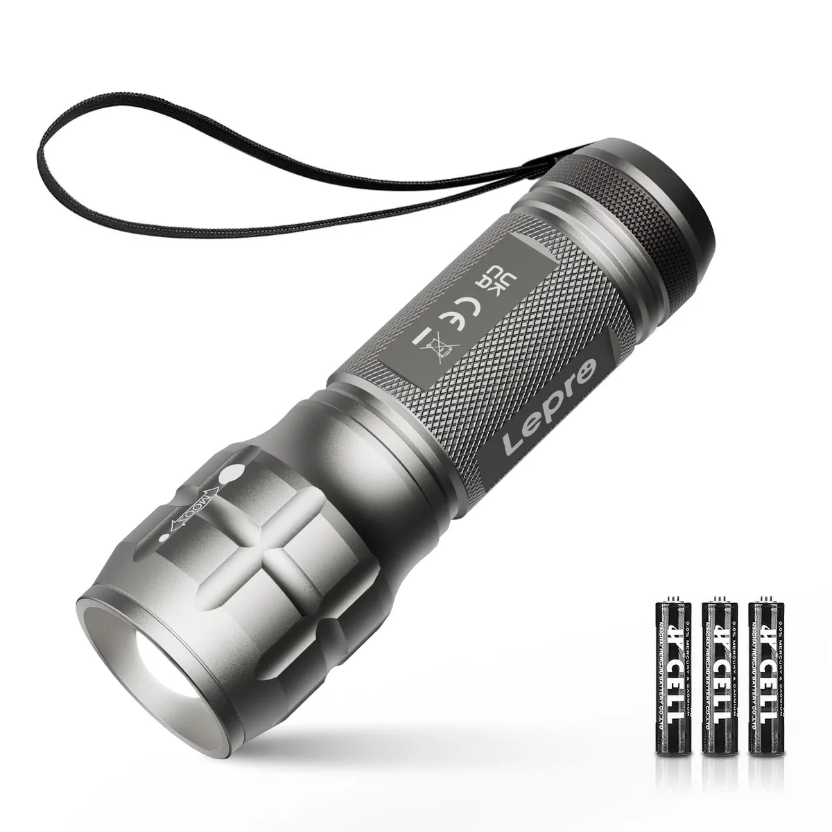 Small silver aluminium flashlight with zoom head, 4.2in long, 1.2in diameter
