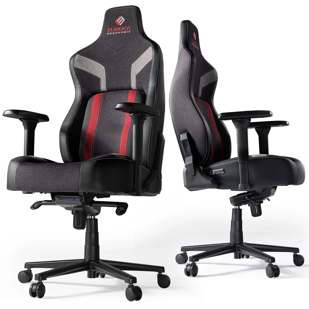 Red and black ergonomic gaming chair with high backrest, adjustable lumbar support and 4D armrests