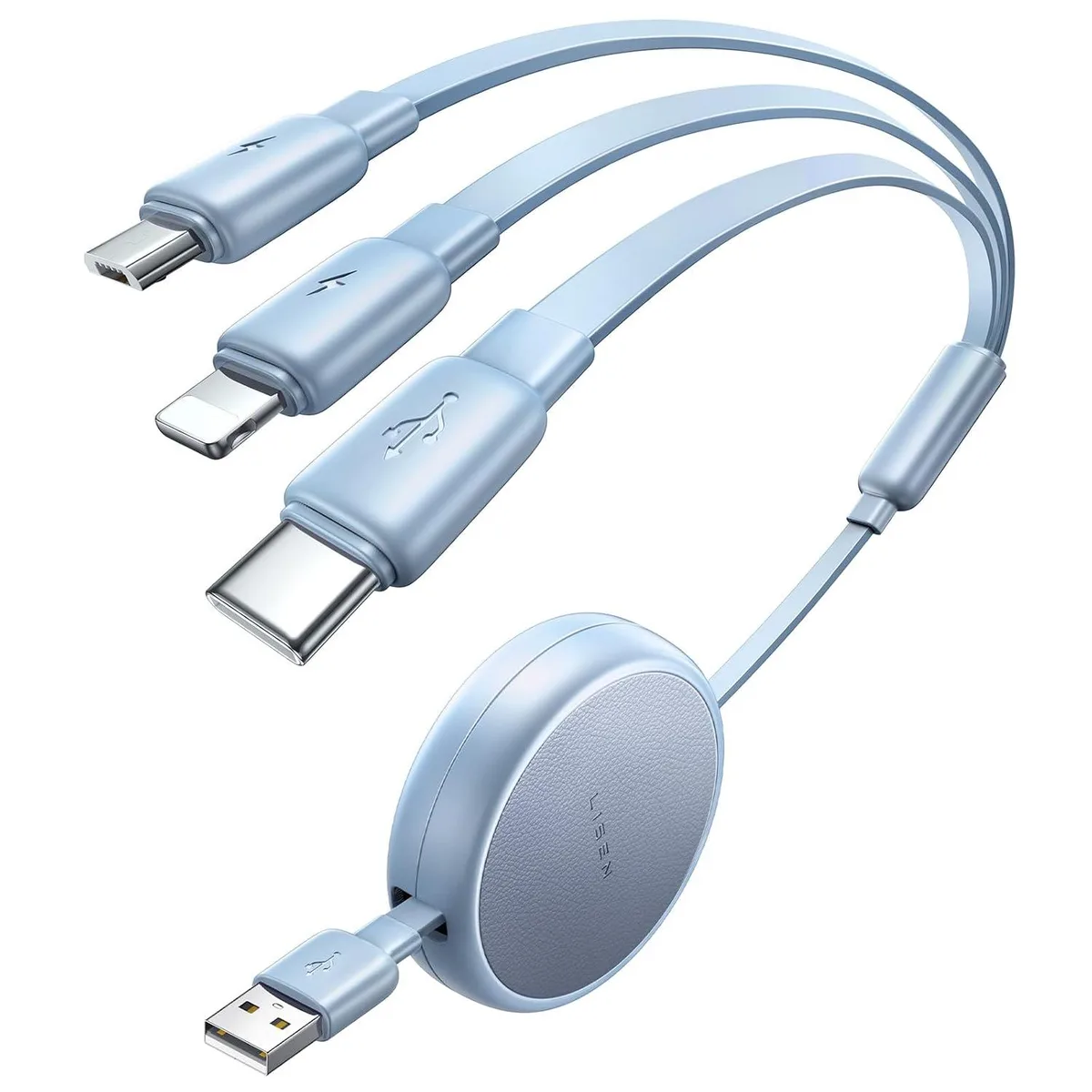 Blue retractable cable with USB-C, Lightning and Micro-USB tips, compact reel design