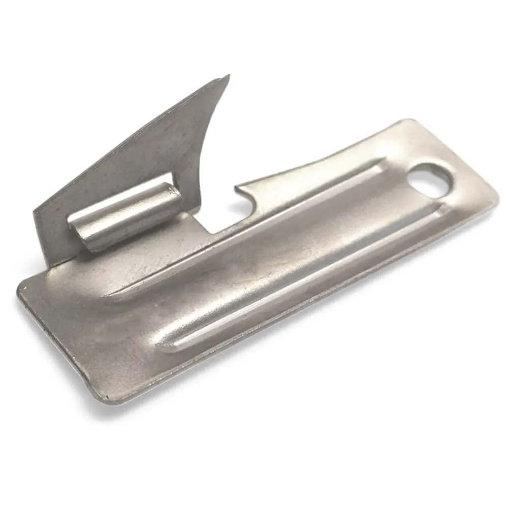 Two small nickel-plated steel can openers with plastic handles, compact and lightweight