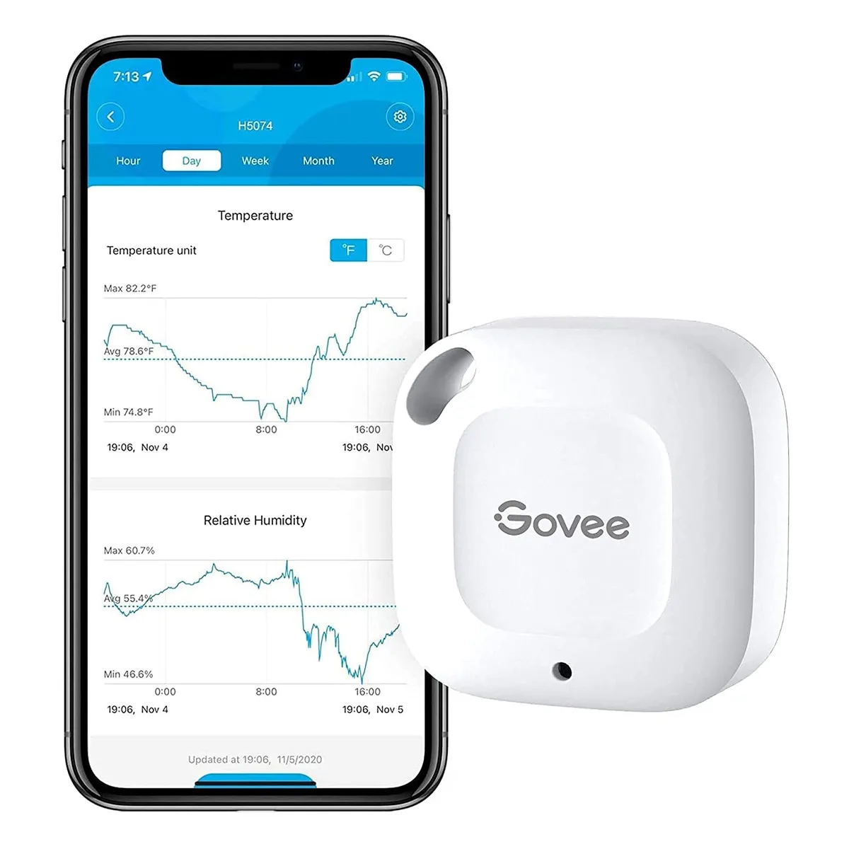 Small white square sensor with rounded corners and hanging loop
