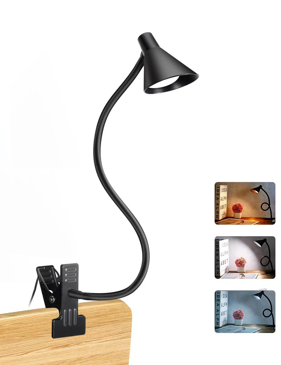 Black rectangular LED clip light with flexible gooseneck and metal clamp, 14.96 inches long