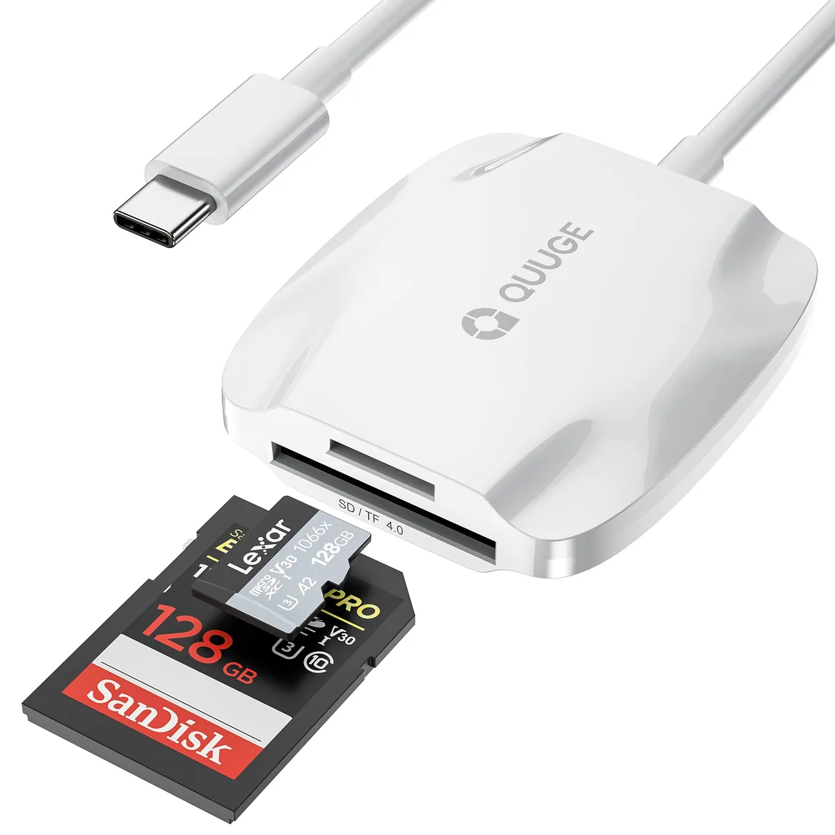Small rectangular USB-C card reader with short cable, matte black finish, dual SD and microSD slots