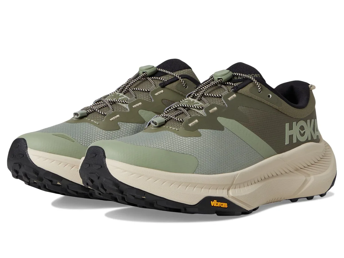 HOKA Transport sneaker in Sea Moss and Eucalyptus, size 7.5, textile upper with reflective details