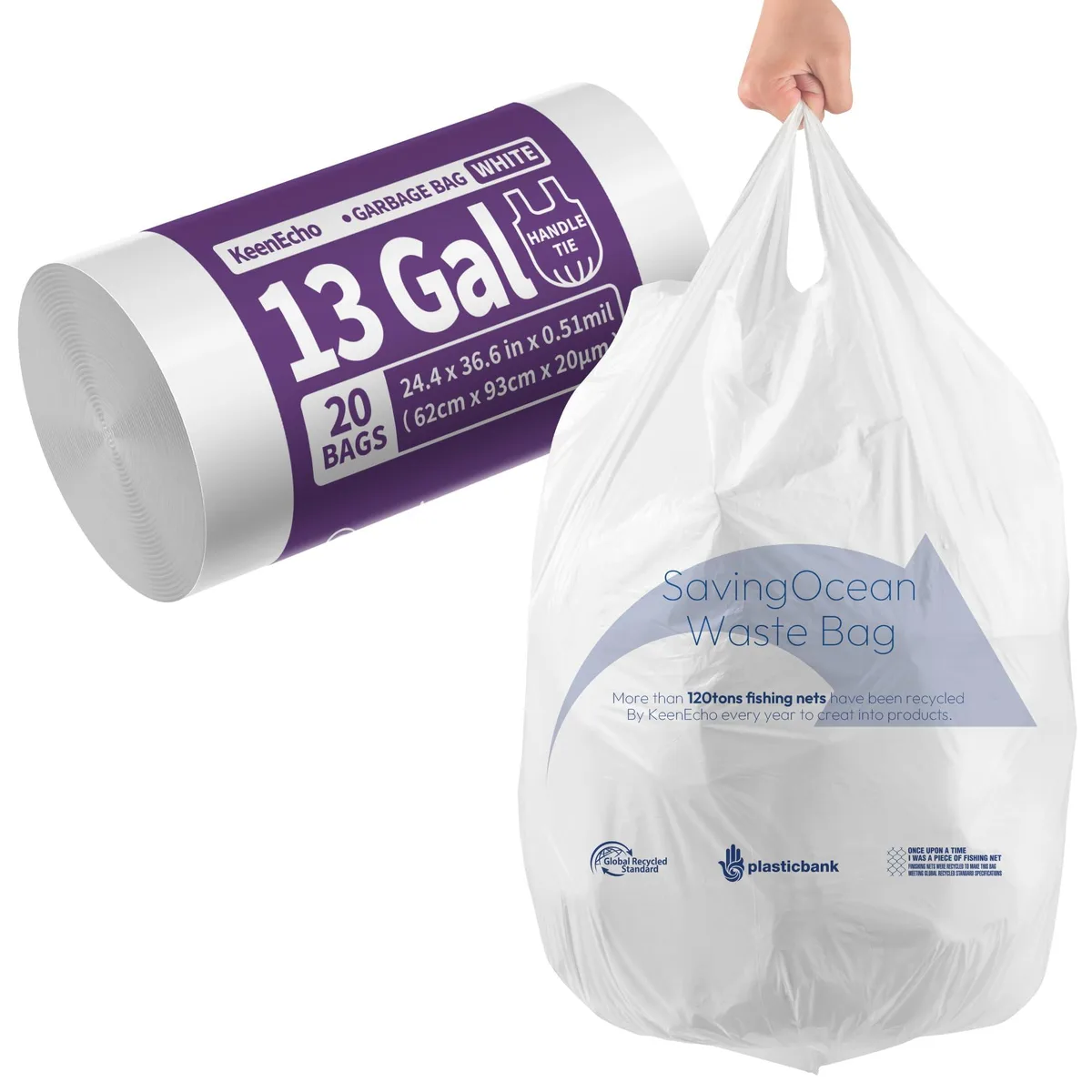 White roll of 13-gallon handled trash bags, 20 count