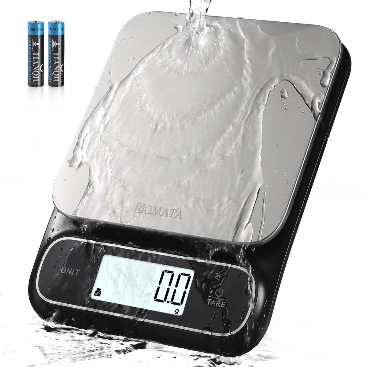 Black rectangular digital scale with stainless steel platform and LCD display