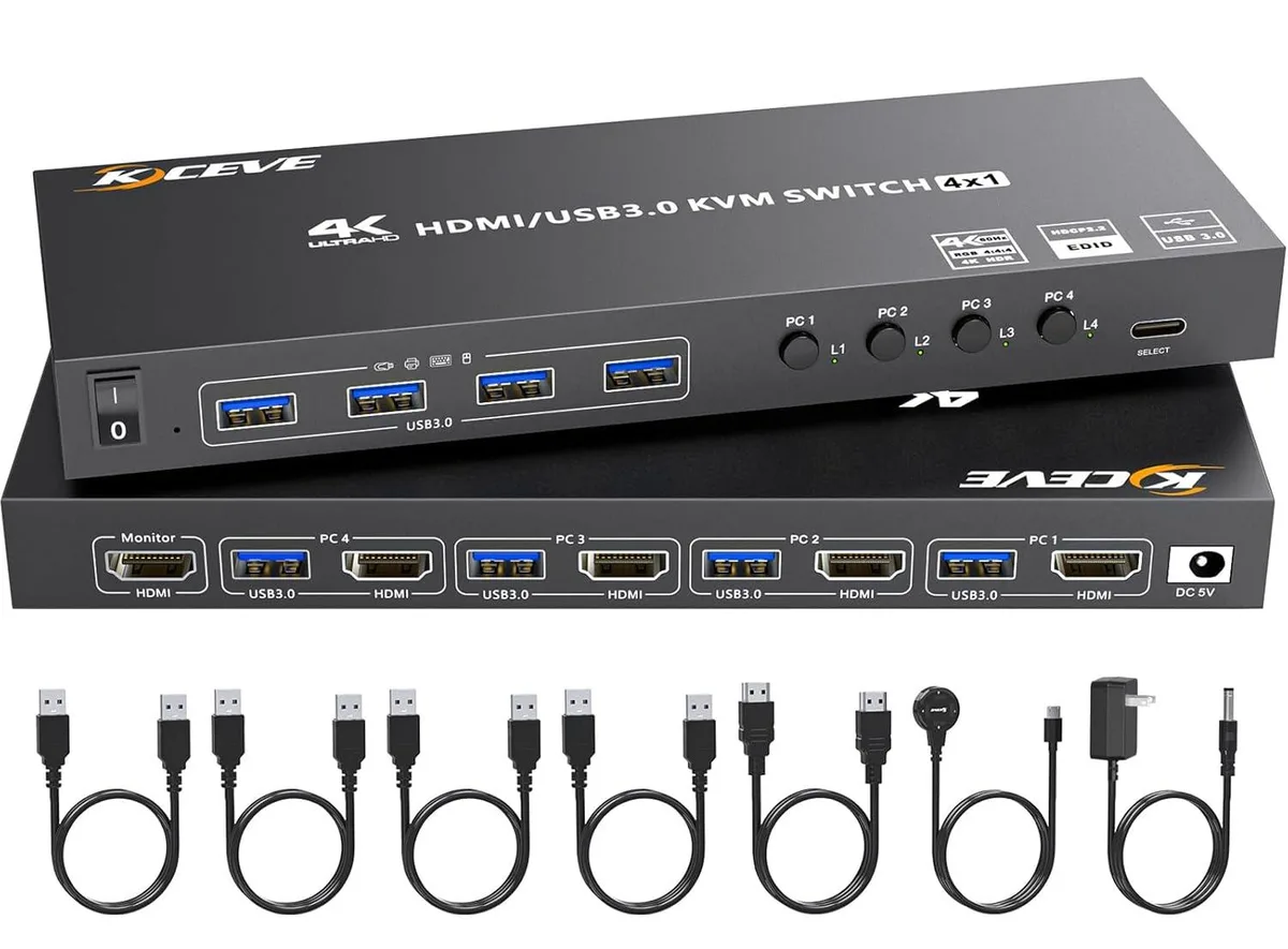 GCROWN GCROWN 4-Port HDMI KVM Switch 4K@60Hz 2K@120Hz USB 3.0 Wired Remote — product photo