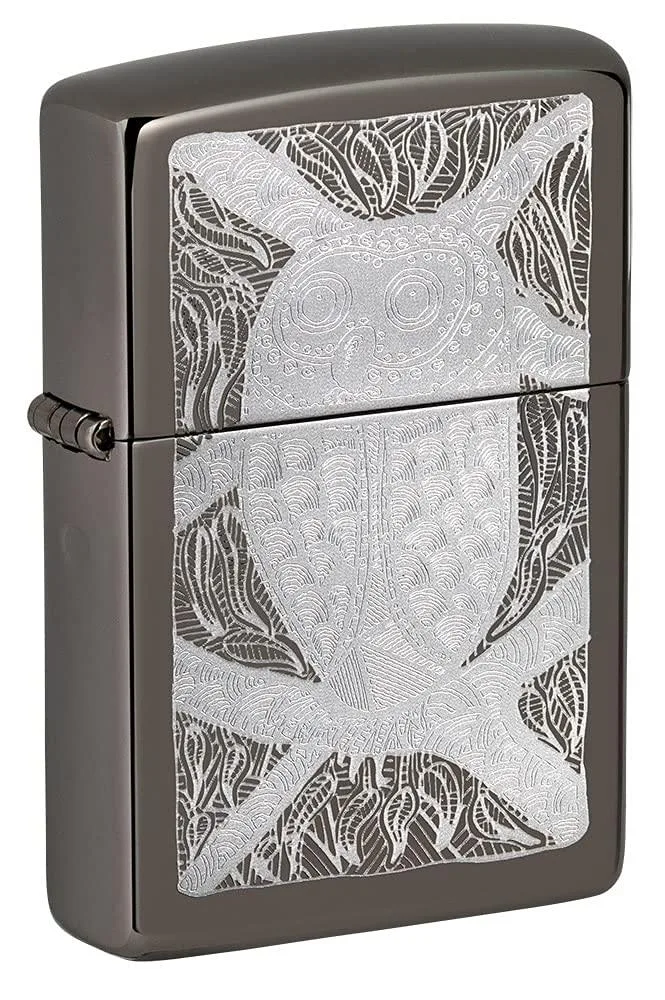 Black Zippo lighter with John Smith Gumbula artwork, slim rectangular case, matte finish, flip-top lid