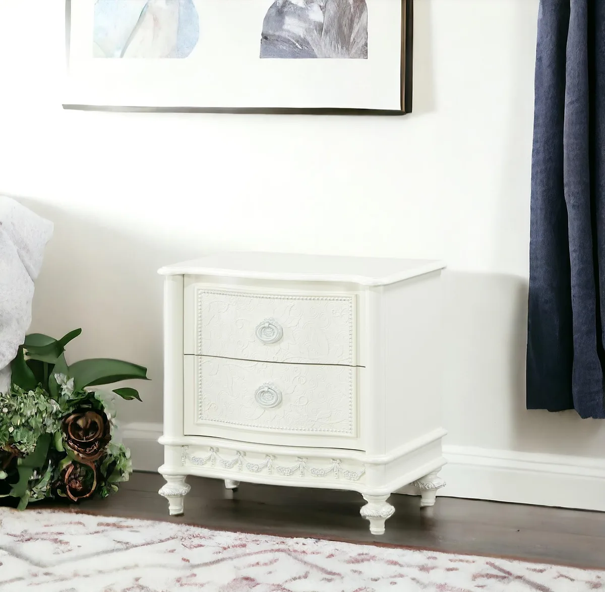 Ivory finished pine nightstand with two drawers and white metal hardware