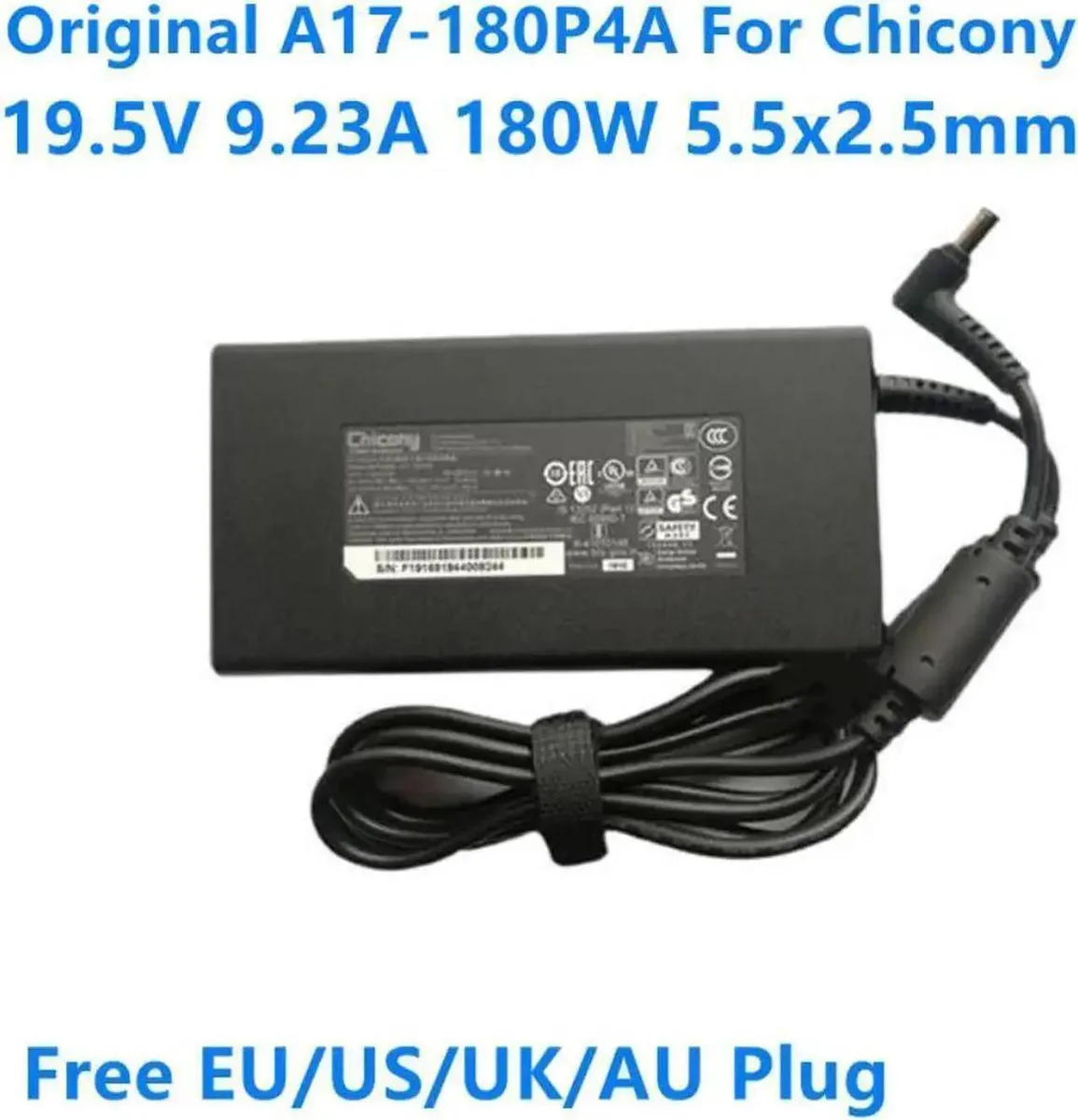 Vszerda Vszerda Chicony 19.5V 9.23A 180W A17-180P4A AC Power Adapter for CLEVO P950HR N850HP6 MSI GS63VR GE72VR GS65 — product photo