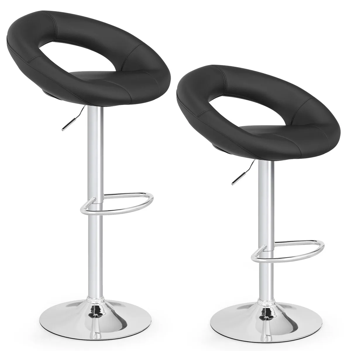 Two black height-adjustable barstools with hollow backs, footrests and chrome bases