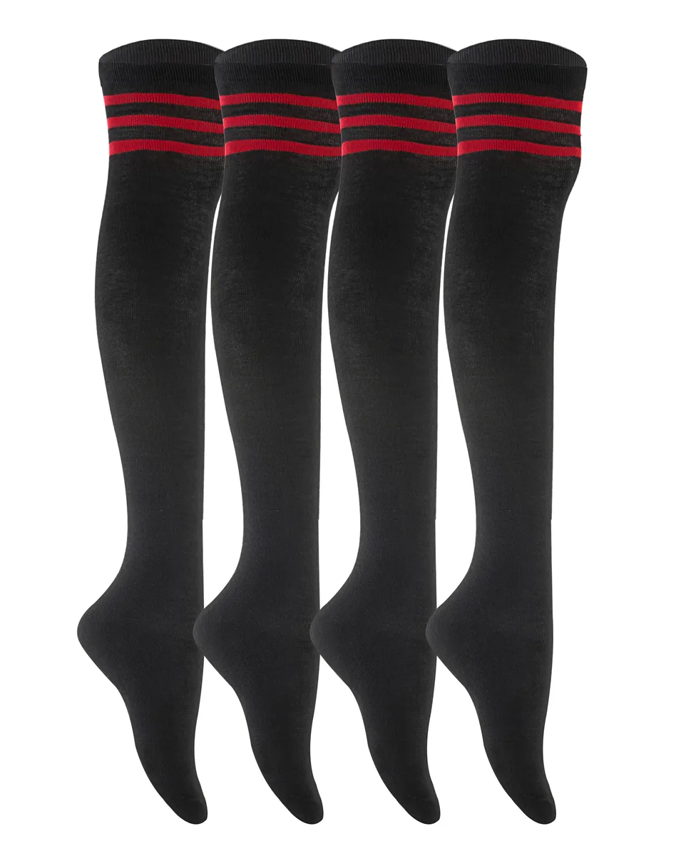Four pairs of red-striped cotton thigh-high socks