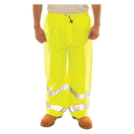 Green and yellow high-visibility polyurethane rain pants with drawstring waist and hook-and-loop ankles