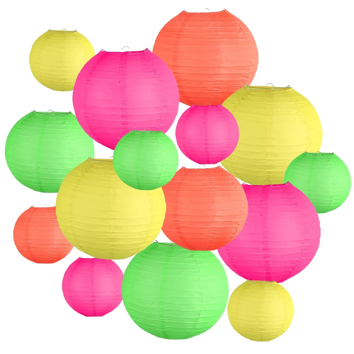 Fifteen round paper lanterns in pink, yellow, green and red, three sizes, metal frames, hanging hooks