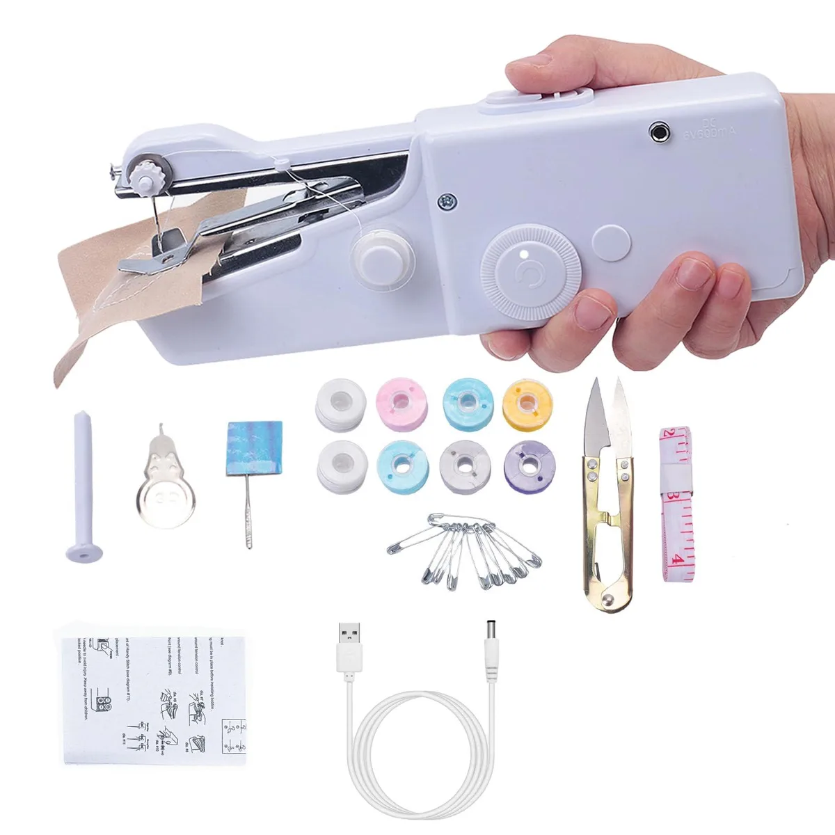 White handheld sewing machine, compact rectangular shape, smooth finish